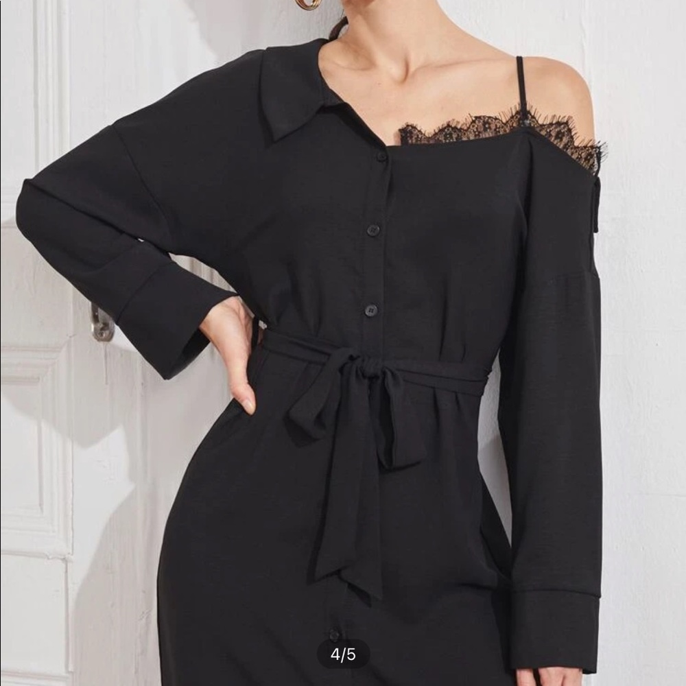 Black Asymmetrical Neckline Midi Dress - Picture 5 of 5
